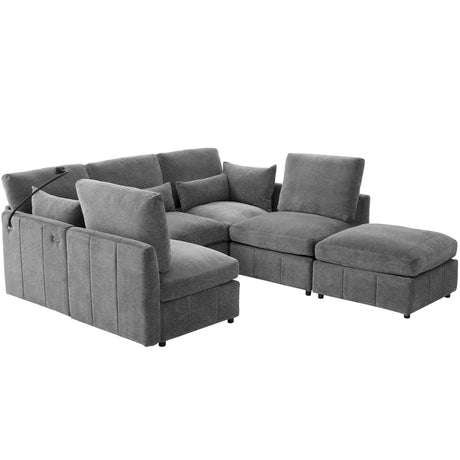 Modern Sectional Sofa Modular Sofa with Movable Ottoman, USB Ports & Phone Holder, Grey Chenille, 85.4' - sold by Home Elegance USA
