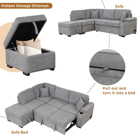 Modern Sleeper Sofa Bed with Storage Ottoman, Gray Linen, 84.75' L Shape Couch for Living Room or Apartment - sold by Home Elegance USA