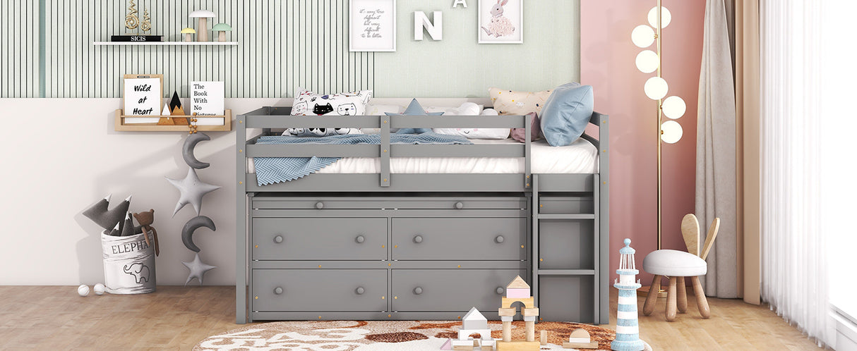 Full Size Loft Bed with Retractable Writing Desk and 4 Drawers, Wooden Loft Bed with Lateral Portable Desk and Shelves, Gray - Home Elegance USA