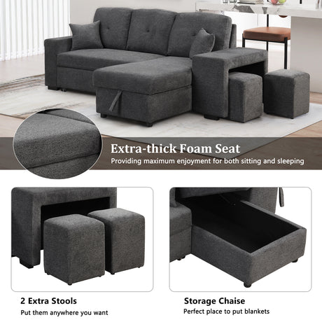 Reversible Sleeper Sectional Sofa Bed with Side Shelf and 2 Stools, Pull-Out L-Shaped Sofa Bed, Velvet Blue Black - sold by Home Elegance USA