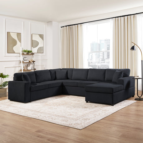 Oversized Sectional Sofa 115.3' U-Shaped Sofa with Chaise Lounge and Three Soft Throw Pillows, Black Corduroy Fabric - sold by Home Elegance USA
