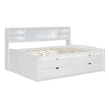 Full Size Wood Daybed with 2 Bedside Cabinets, Upper Shelves and 4 Drawers, White - Home Elegance USA