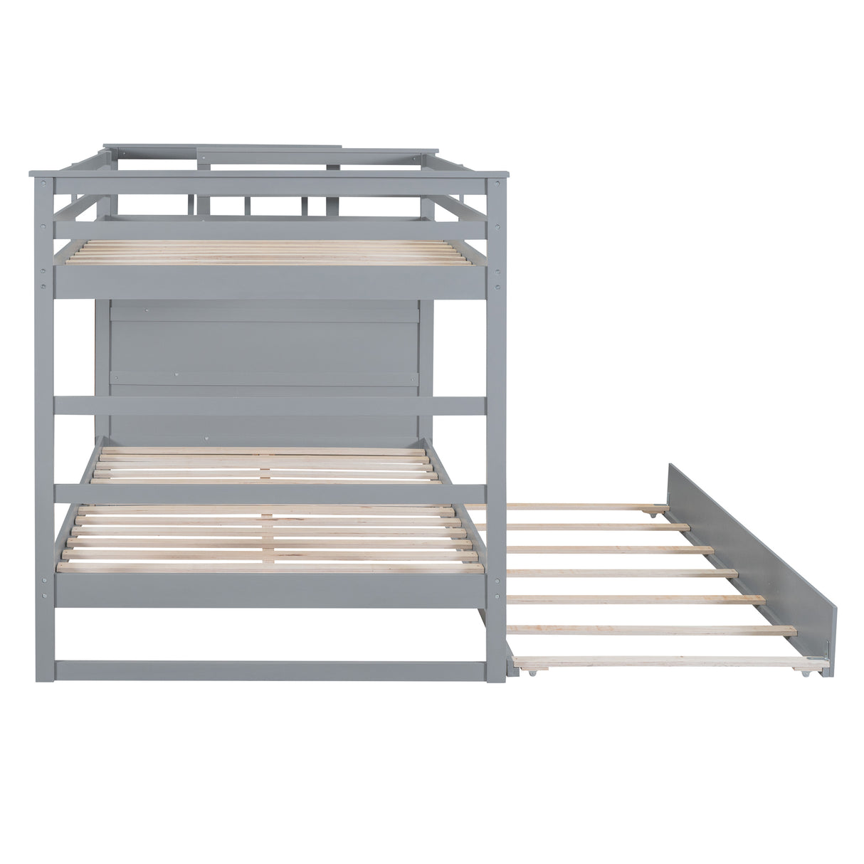 Full Over Full Bunk Bed with Twin Size Trundle and Staircase, Gray - Home Elegance USA