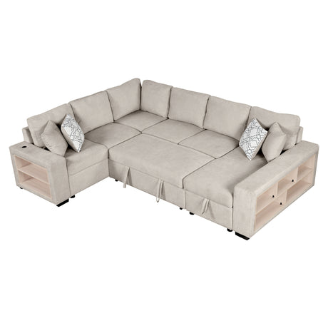 Beige Chenille U-Shaped Sectional Sofa with Pull-out Bed, USB Ports, Storage Chaise & Back Pillows - sold by Home Elegance USA