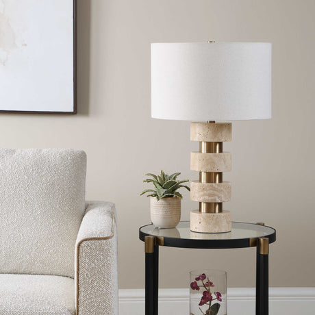 Makani Travertine Table Lamp Brass / Gold / White - Gold / Beige by Uttermost - View 3