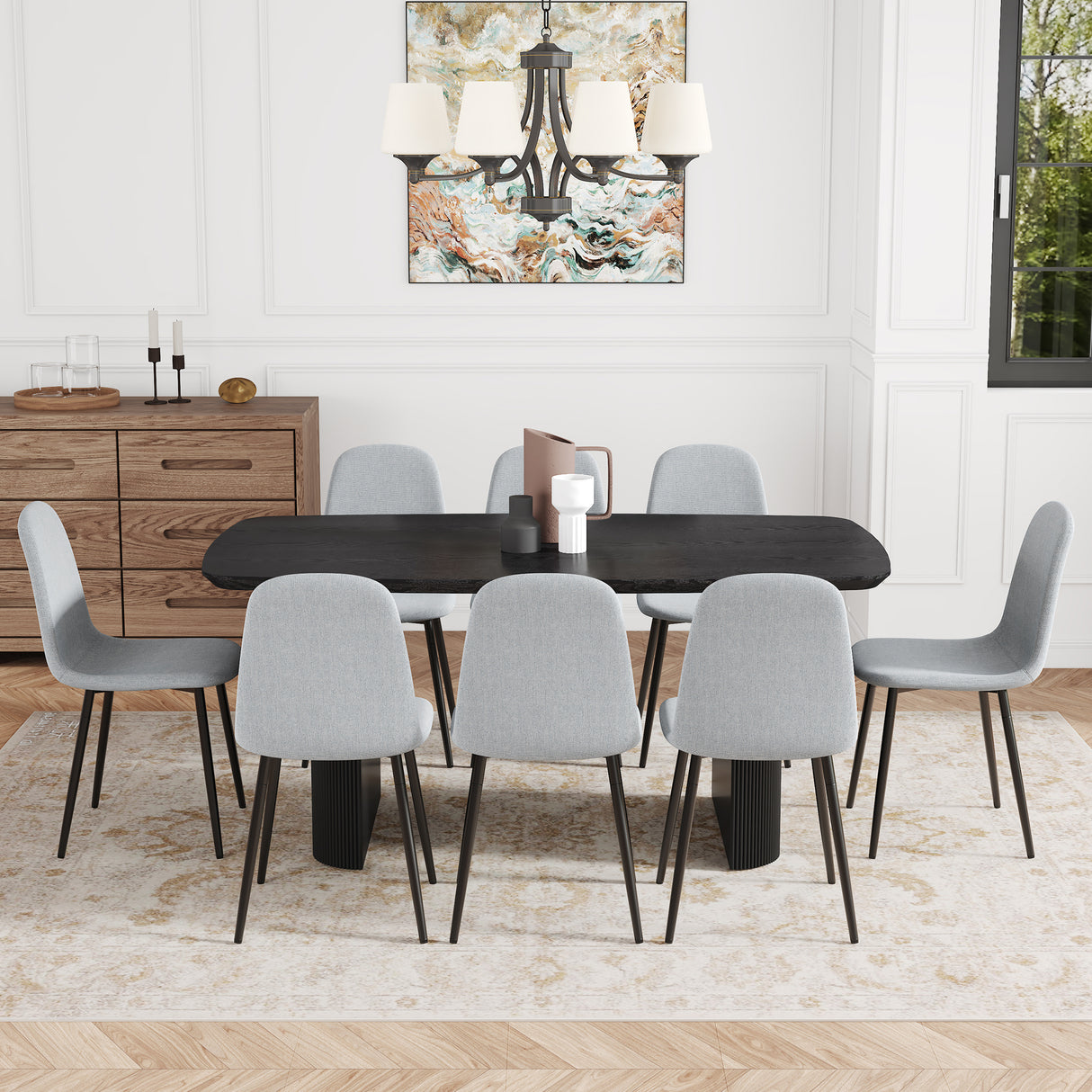 Juego de mesa y sillas. Mesa de comedor de MDF con veta de madera negra de 67 x 35,4 pulgadas: una opción simple, lujosa y estable. Combina con 8 sillas de comedor de alta resiliencia de material de lino y algodón gris claro con patas de metal.