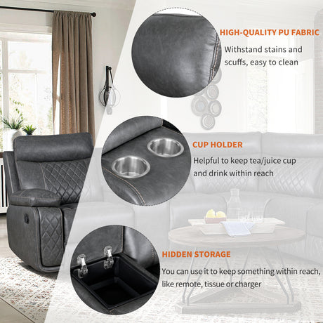 Home Theater Seating Manual Recliner with Cup Holder, Hide-Away Storage PU Reclining Sofa for Living Room, Home Theater, Gray - sold by Home Elegance USA