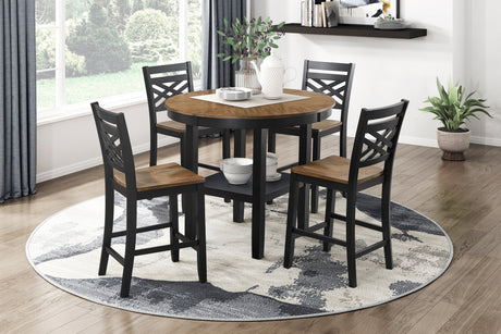 5pc Counter Height Dining Set Round Table with Storage and 4 Counter Height Chairs 2-Tone Black and Brown Finish Wooden Furniture - sold by Home Elegance USA