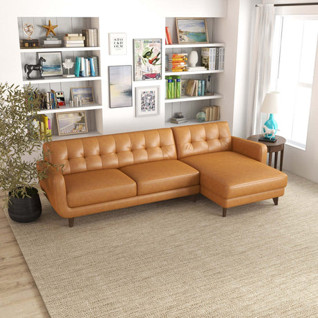 Allison Right-Facing Tan Leather Sectional Sofa Mid-Century Modern Style 113 x 59 x 32 Inches - sold by Home Elegance USA