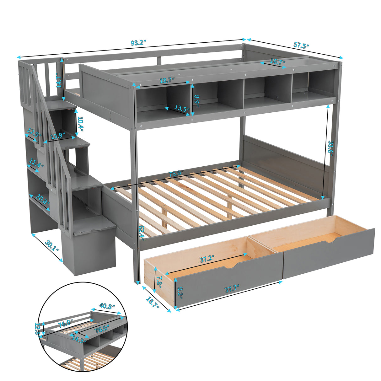 Twin over Full Bunk Bed with Shelfs, Storage Staircase and 2 Drawers, Gray - Home Elegance USA