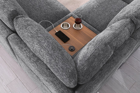 Celine 141.5' Light Gray Chenille Fabric Corner Sectional Sofa with Right-Facing Chaise, Cupholders, and Charging Ports - sold by Home Elegance USA