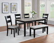 6pc Dining Set Rectangular Table Features Weathered Gray Finish Wood Grain Wide Slat Backs Padded Seats Upholstered Textured Neutral Fabric Chair Bench - sold by Home Elegance USA
