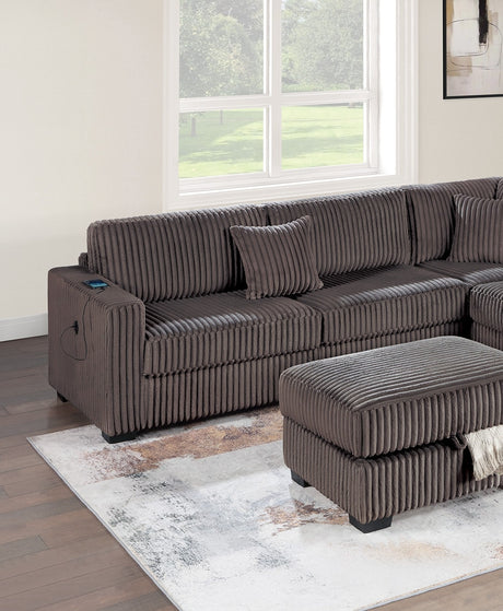 Chocolate Fur-Like Corduroy Sectional Sofa Reversible Chaise Sofa w USB Storage Ottoman Upholstered Couch Pillows 3pc Set Living Room - sold by Home Elegance USA