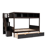 Twin over Full Bunk Bed with Shelfs, Storage Staircase and 2 Drawers, Espresso - Home Elegance USA