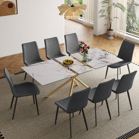 Modern 59-inch Expandable Dining Table with Retractable Leaf, Charred Stone Top & Golden Carbon Steel X-Base, 4-8 Person Set with 8 Gray PU Chairs for Small Apartments, Kitchen - sold by Home Elegance USA