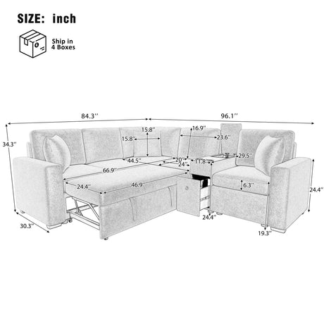 120.5' L-shaped Convertible Sofa Bed Modular Sectional Sofa Reversible Sleeper with Pull-Out Bed, Cup Holders, and Ample Storage Space for Living Room(Old SKU:N719S001940G), Orange - sold by Home Elegance USA