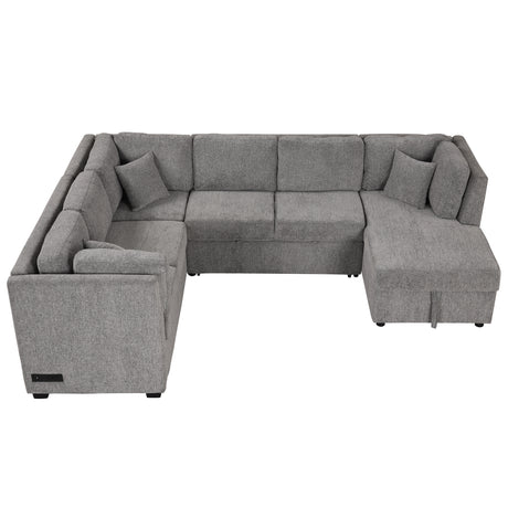 U-shaped Sectional Sofa Pull out Sofa Bed with USB Ports, Power Sockets, Storage Chaise, Light Gray Chenille, 108.6' - sold by Home Elegance USA