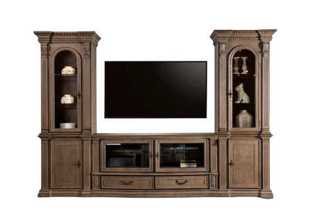 Traditional Style TV Console Base Entertainment Center With 6 Doors And 2 Drawers Carved Detail Design Dentil Moldings Reeded Posts Weather Oak Finish - sold by Home Elegance USA