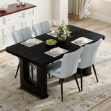 Table and chair set.64.5 x 35.4 Inch Stylish Black Wood Color Textured Dining Table.Paired with 4 Light Gray PU chairs with a vertical stripe design on the backrest and black metal legs.