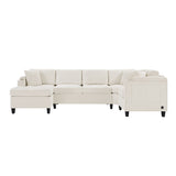 Modern U-shaped Sectional Sofa 115.7' with Built-in Cup Holders, Storage, USB Ports in Beige Chenille Fabric