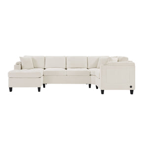 Modern U-shaped Sectional Sofa 115.7' with Built-in Cup Holders, Storage, USB Ports in Beige Chenille Fabric - sold by Home Elegance USA