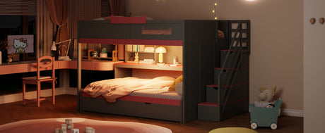 Full Over Full Bunk Bed with Twin Size Trundle and Staircase, Shelves, LED,Gray - sold by Home Elegance USA