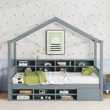 Twin Size Wooden House Bed with Shelves and a Mini-cabinet, Gray - Home Elegance USA