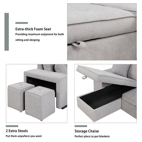 Modern Reversible L-Shape Pull Out Sleeper Sofa with Storage Chaise and Stools, Gray Linen, 104.5' - sold by Home Elegance USA