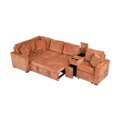 120.5' L-shaped Convertible Sofa Bed Modular Sectional Sofa Reversible Sleeper with Pull-Out Bed, Cup Holders, and Ample Storage Space for Living Room(Old SKU:N719S001940G), Orange - sold by Home Elegance USA
