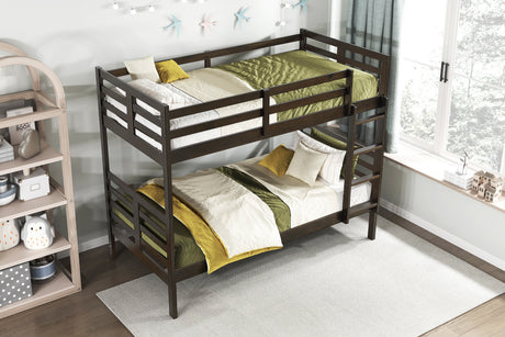 Twin over Twin Bunk Bed 1pc Classic Dark Brown Finish Youth Bedroom Furniture Durable Wood - sold by Home Elegance USA