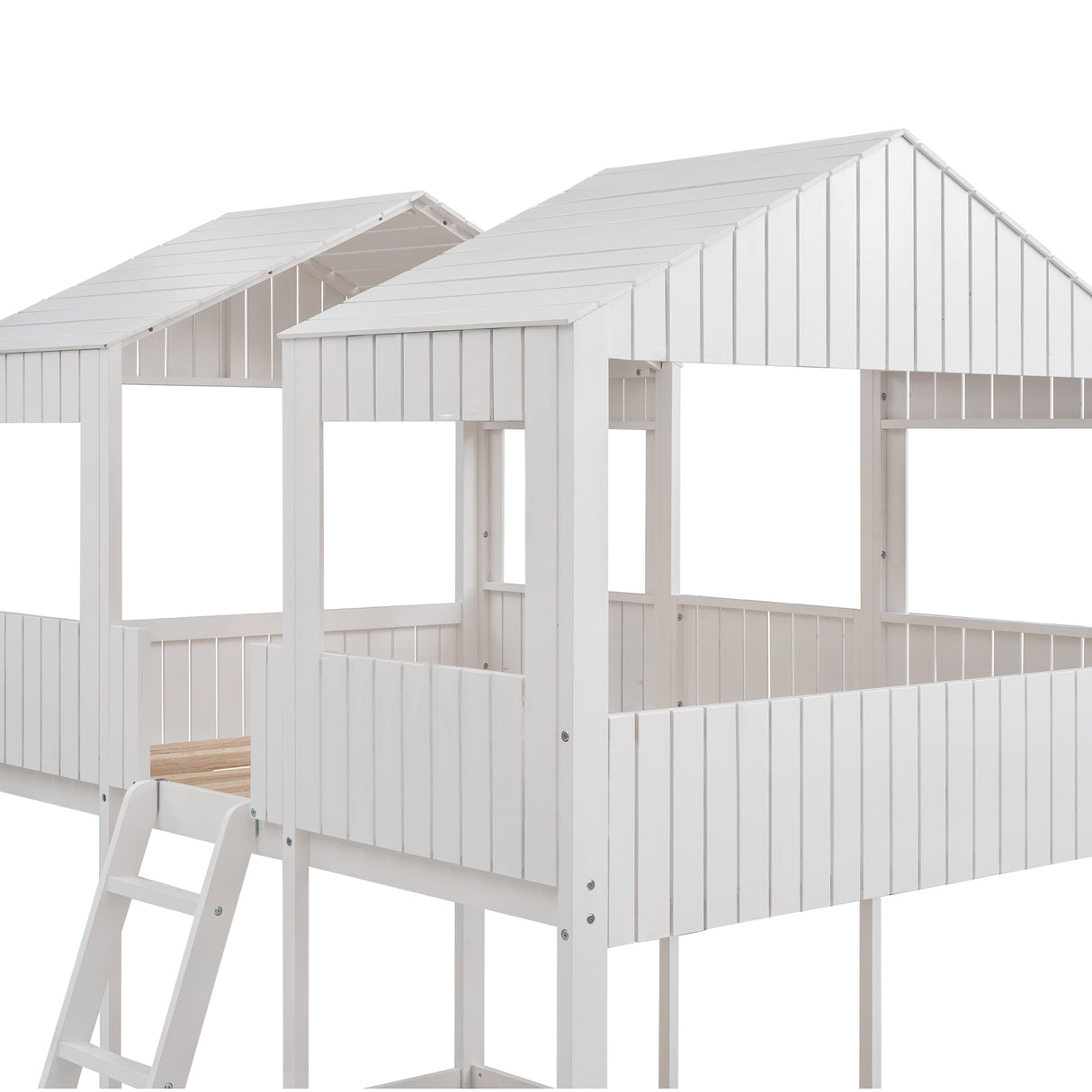 Full Over Full WoodBunk Bed with Roof, Window, Guardrail, Ladder(White)( old sku: LT000031AAK ) - Home Elegance USA