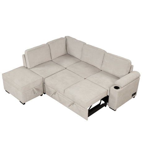 2 in 1 Sleeper Sofa Bed with Storage Ottoman, Beige Linen Upholstery, 84.75' L Shape Couch for Small Spaces - sold by Home Elegance USA