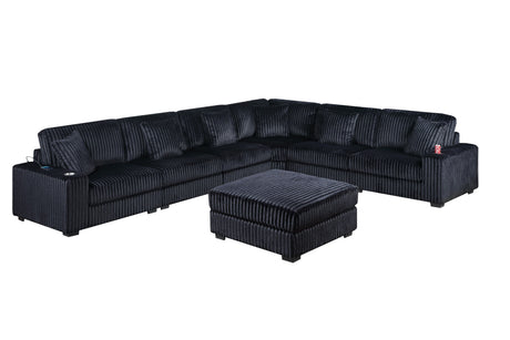 Contemporary Modern 7-PC Modular L-Sectional Sofa Set USB Cup Holder Black Corduroy Living Room Furniture Ottoman - sold by Home Elegance USA