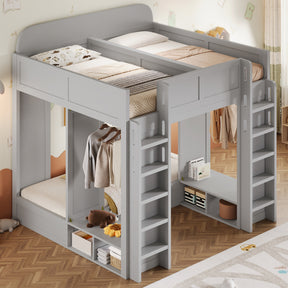 Triple Bunk Bed with Storage Shelves and Hooks, Twin +Twin over Twin XL,Gray