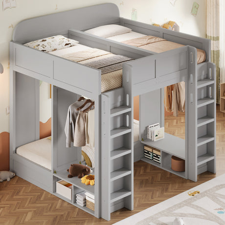 Triple Bunk Bed with Storage Shelves and Hooks, Twin +Twin over Twin XL,Gray