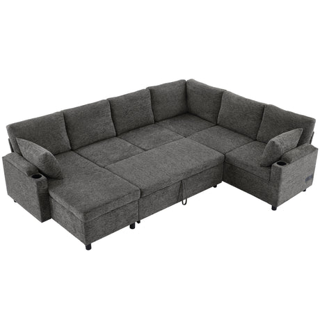 Versatile U-Shaped Sectional Sofa Bed with Storage, Cup Holders, Charging Ports in Grey Chenille - sold by Home Elegance USA