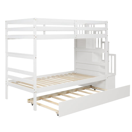 Bunk Beds Twin over Twin Stairway Storage function White color | Home Elegance USA