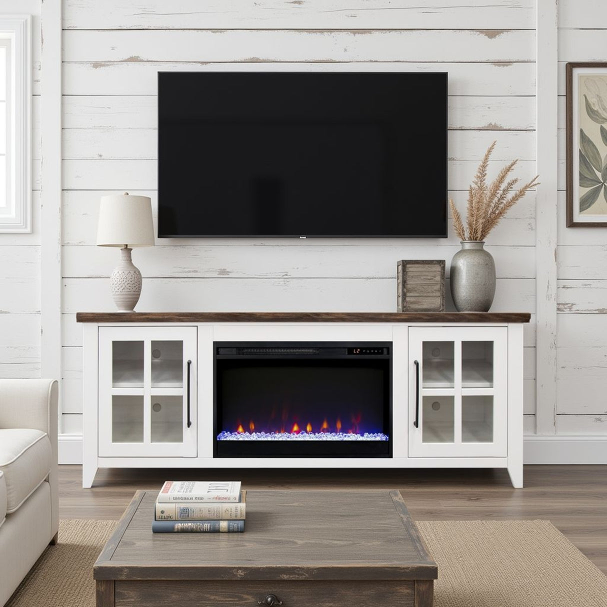 Soporte para TV con chimenea Providence de 66 pulgadas, para televisores de hasta 80 pulgadas, requiere un ensamblaje mínimo, acabado blanco y bourbon