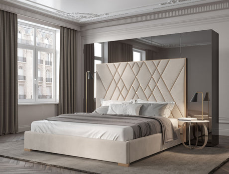 Eldora - Queen Glam Beige Velvet and Brushed Brass Bed - View Image 1