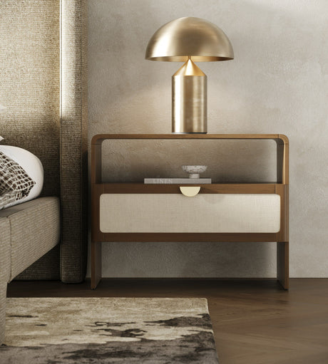 Eastern King Harris + Emilio - Modern Off-White Fabric + Burlap + Walnut 4-Piece Bedroom Set