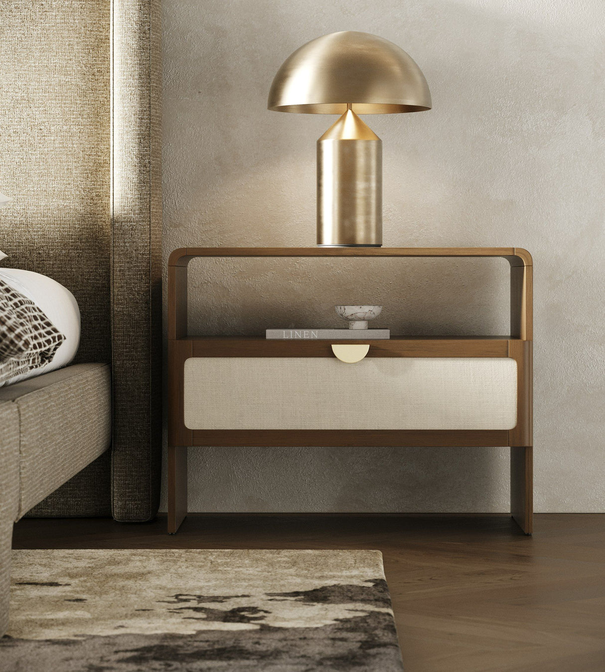 Eastern King Lambert + Emilio - Modern Beige Fabric + Walnut + Burlap 4-Piece Bedroom Set