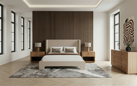 Eastern King Emilio + Roma - Modern Beige Fabric + Oak 4-Piece Bedroom Set