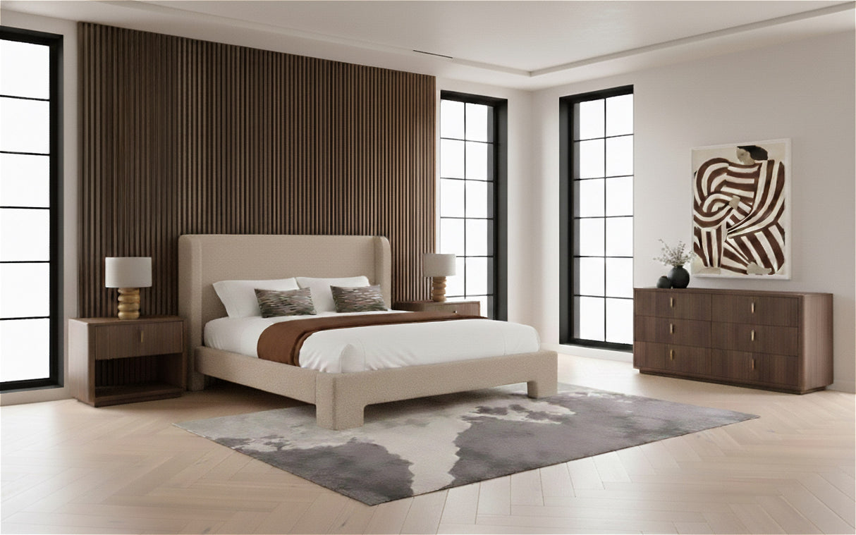 Queen Emilio + Roma - Modern Beige Fabric + Walnut 4-Piece Bedroom Set - View Image 1