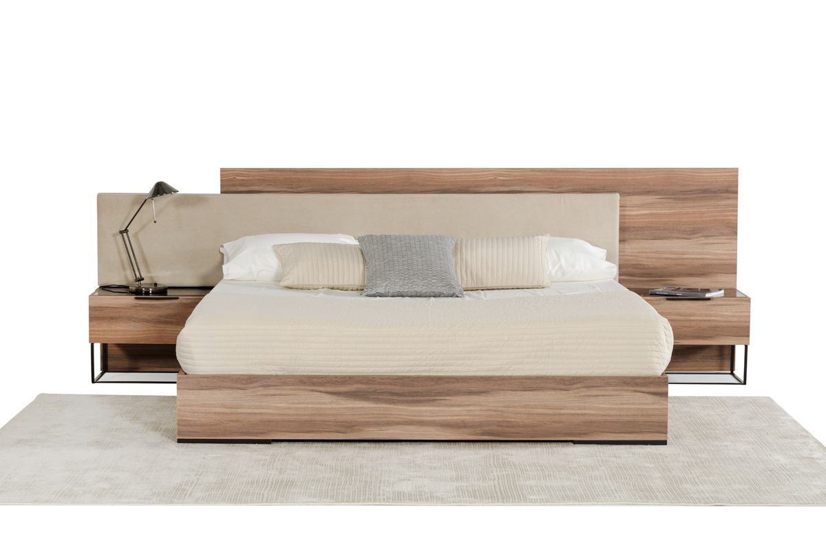Eastern King Matteo Italian Modern Walnut & Fabric Bed + 2 Nightstands + Dresser Set
