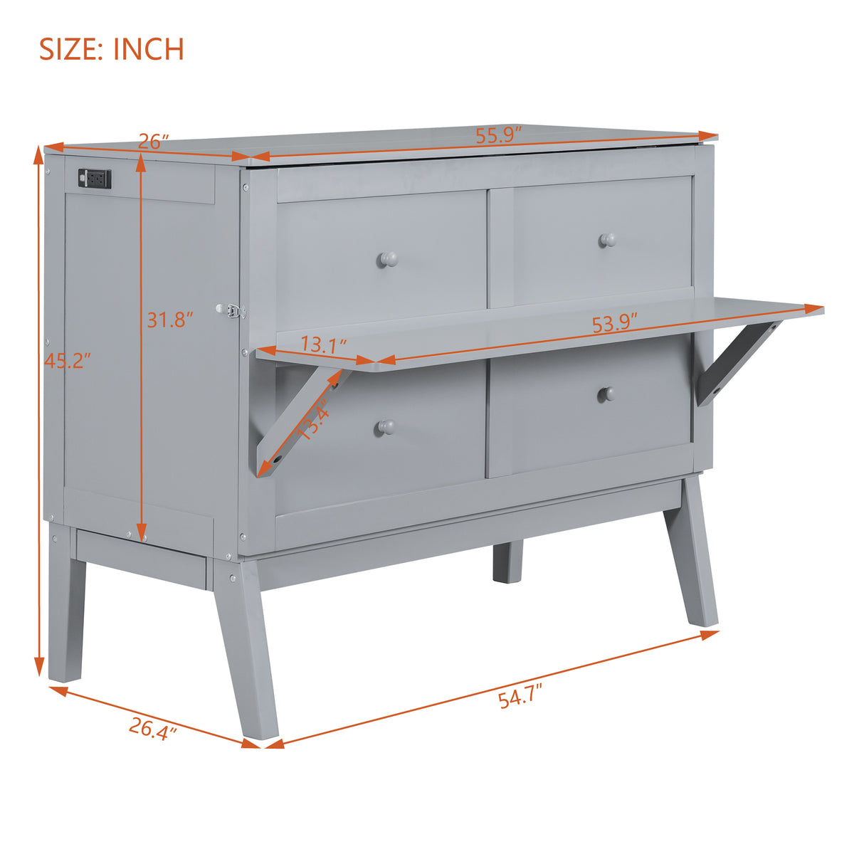 Full Size Murphy Bed with USB Port and removable Shelves on Each Side,Gray - Home Elegance USA