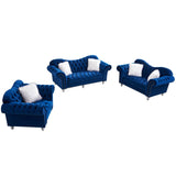 3 Piece Living Room Sofa Set, including 3 - Seater Sofa, Loveseat and Sofa Chair, with Button and Copper Nail on Arms and Back, Five White Villose Pillow, Blue. | Home Elegance USA