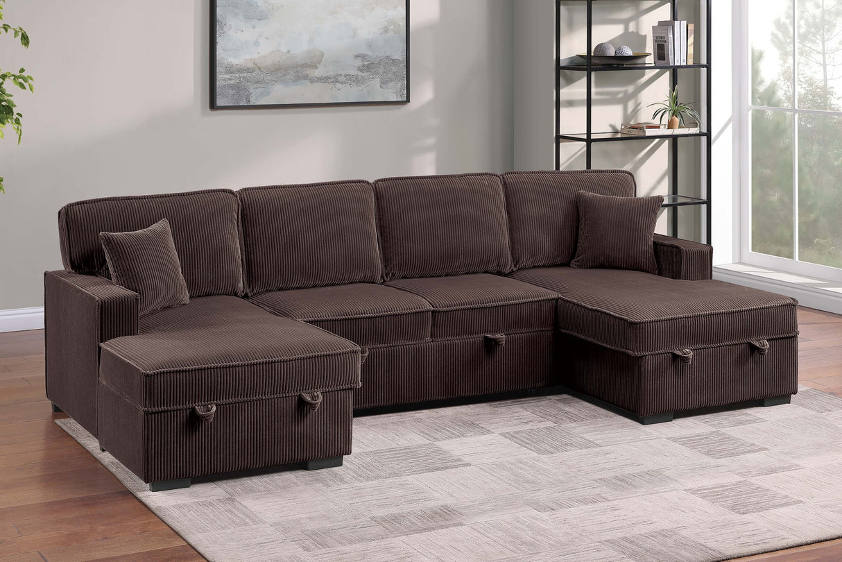 Chocolate Finish Modern Style Convertible Sectional 3pc Corduroy Fabric Upholstered Sleeper Sofa Two Storage Chaises Primary Living Room