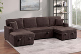 Chocolate Finish Modern Style Convertible Sectional 3pc Corduroy Fabric Upholstered Sleeper Sofa Two Storage Chaises Primary Living Room