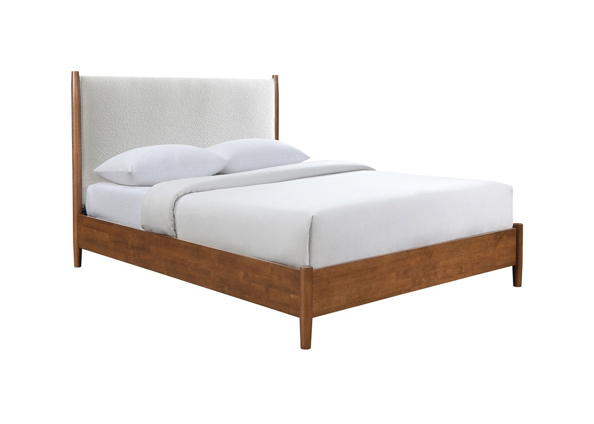 Walnut Color Panel Headboard Beige Upholstered 1pc King Size Bed Solid wood Mattress Ready Mid-Century Modern Style