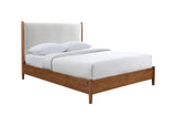 Walnut Color Panel Headboard Beige Upholstered 1pc Full Size Bed Solid wood Mattress Ready Mid-Century Modern Style